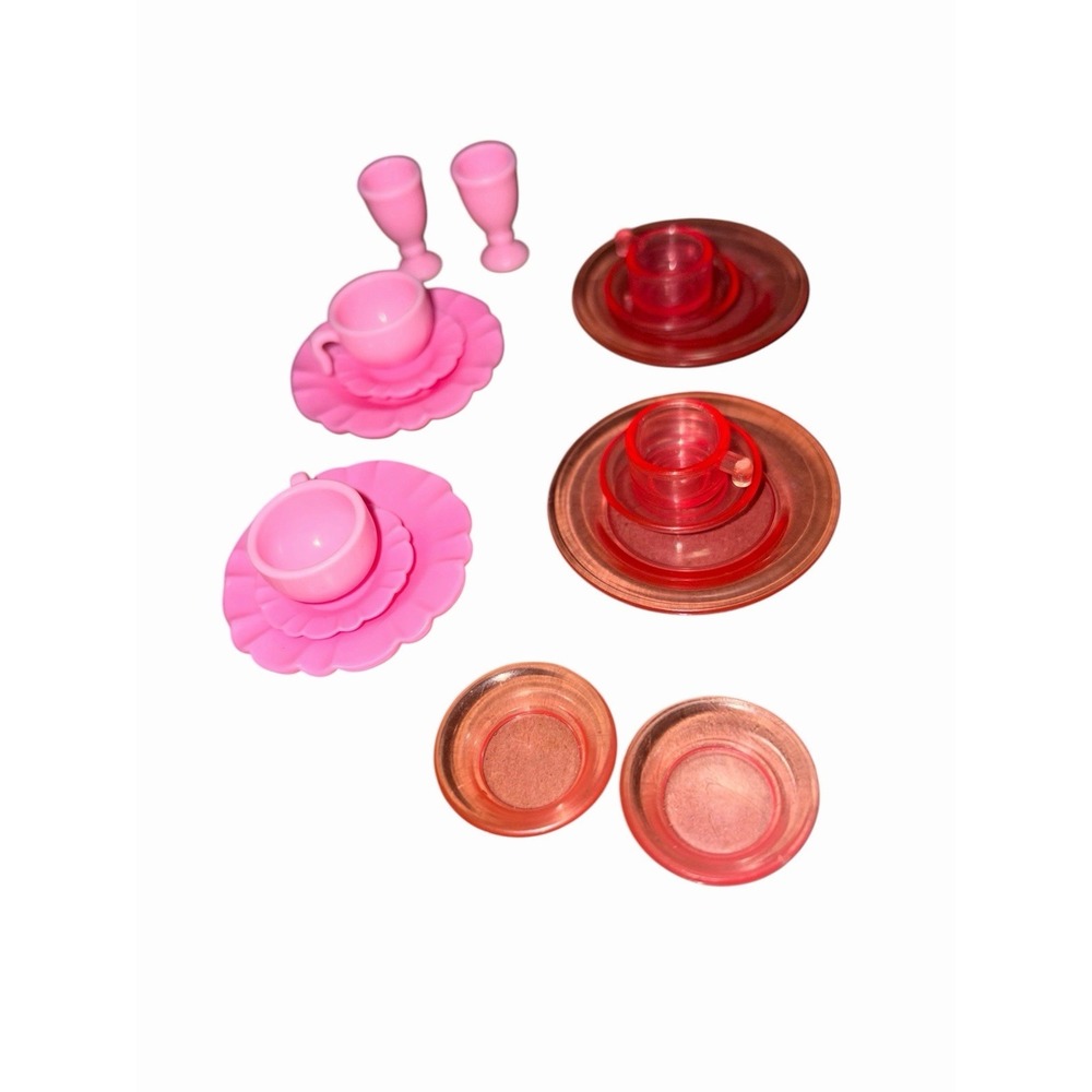 Barbie Doll Dishes, Vintage 1990's, Plate Mug Cups Lot Of 13 Pink Tea Set Clear